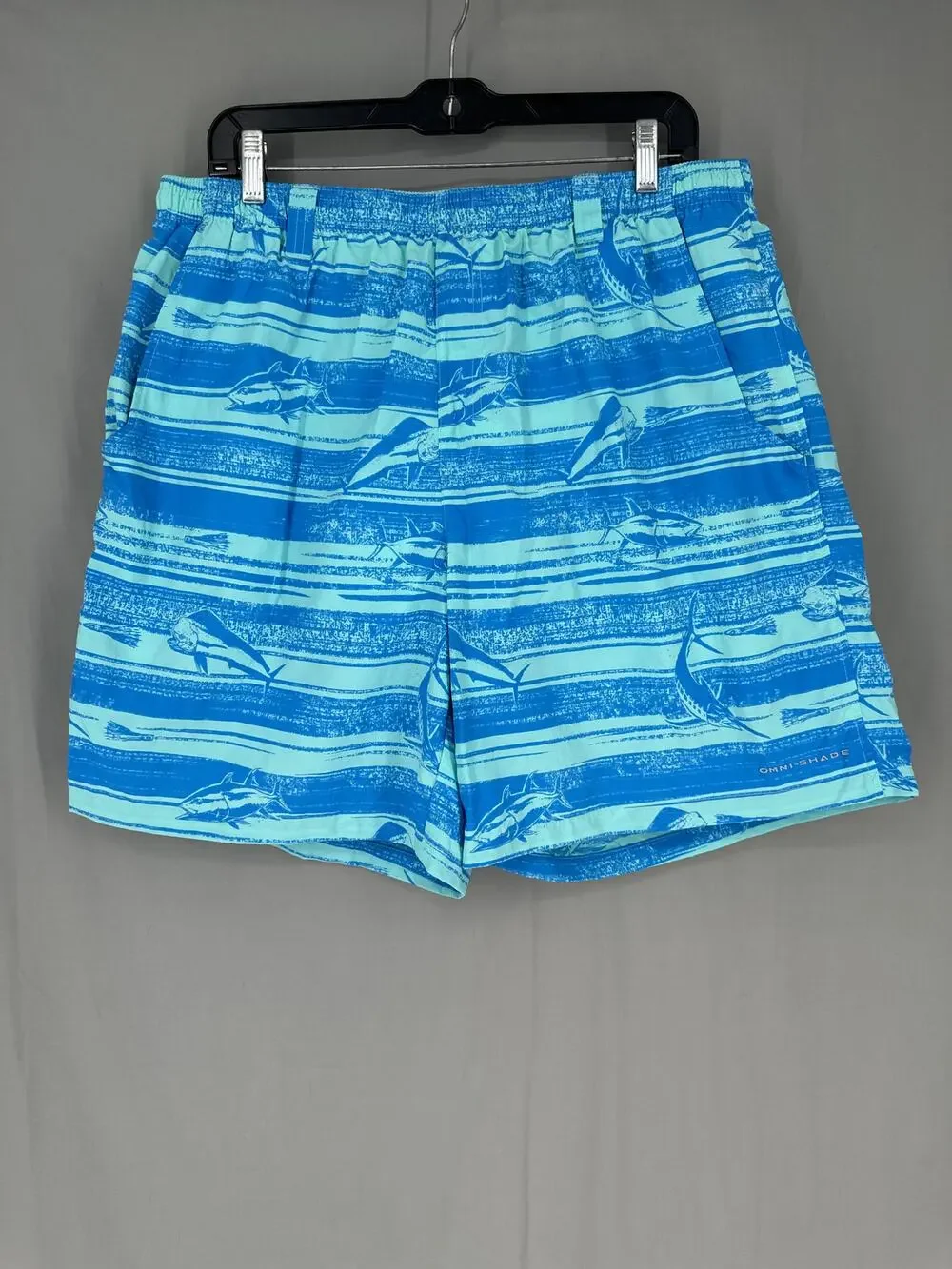 Columbia PFG Swim Trunks Men XL Blue Fish Print Omni Shade Mesh Lined Drawstring
